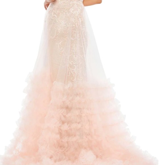 MAC DUGGAL 11183 LACE RUFFLE TIERED SLEEVELESS PLUNGE NECK PEACH GOWN sz 8 - Picture 8 of 8